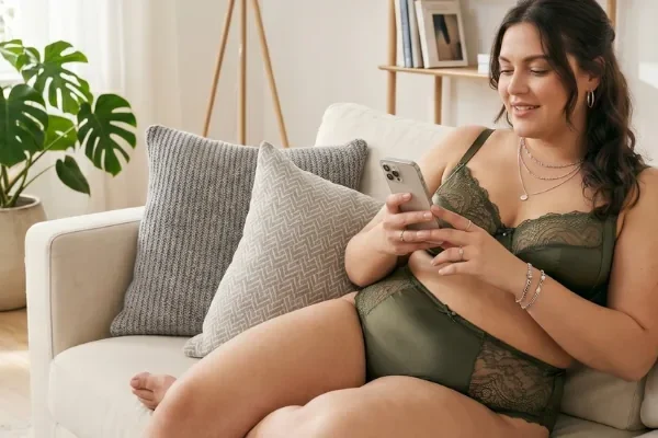 BBW Sex Chat curvy woman texting while sitting on sofa