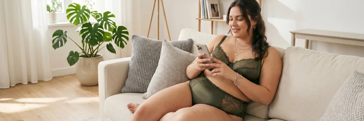 BBW Sex Chat curvy woman texting while sitting on sofa