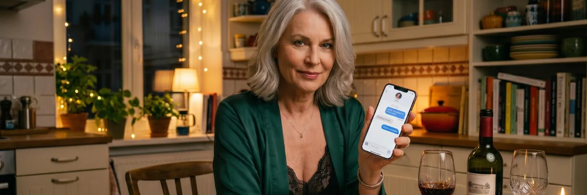 Confident old woman showing her granny chat conversation