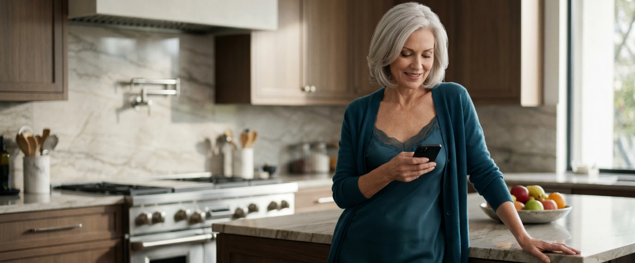 Mature woman smiling while using granny chat app in modern kitchen