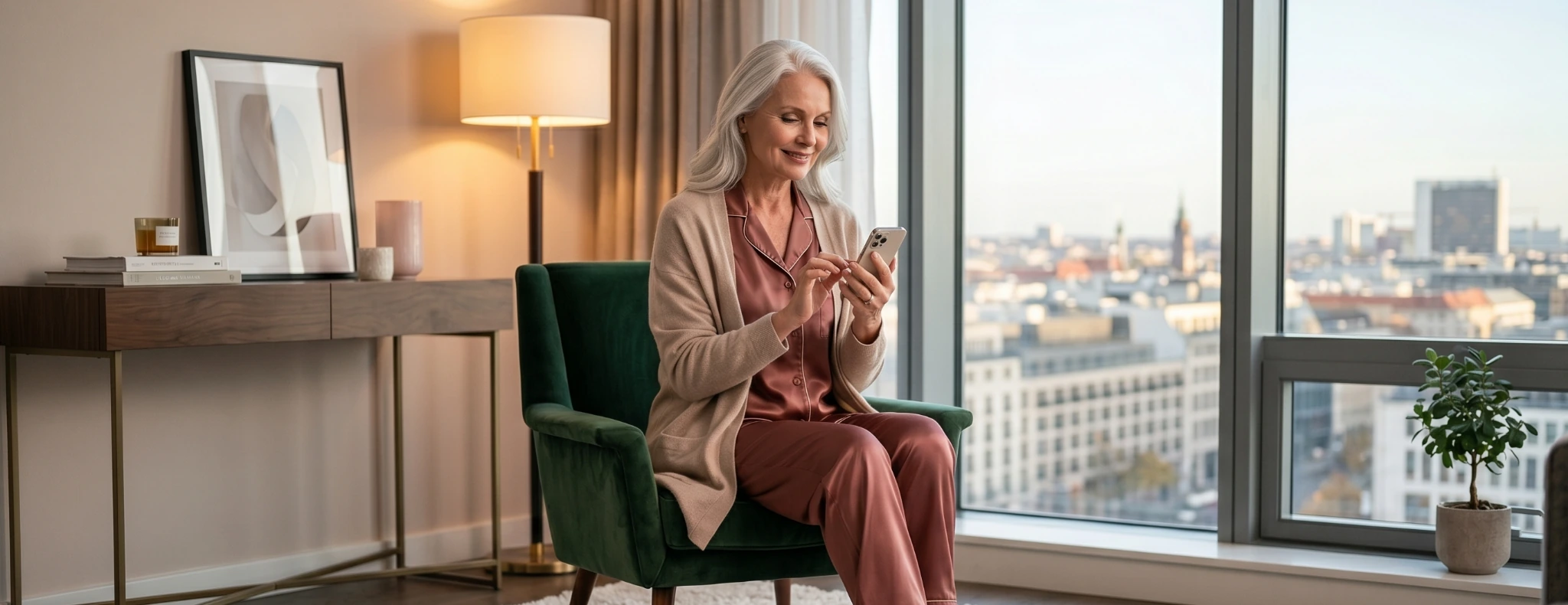 Elegant older woman chatting online from luxury apartment