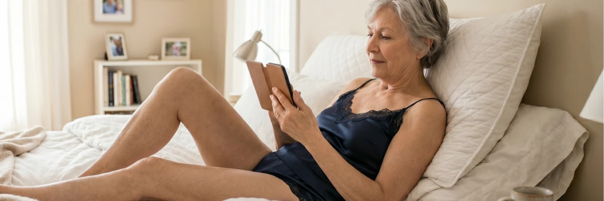 Older woman relaxing in bed during a private granny chat