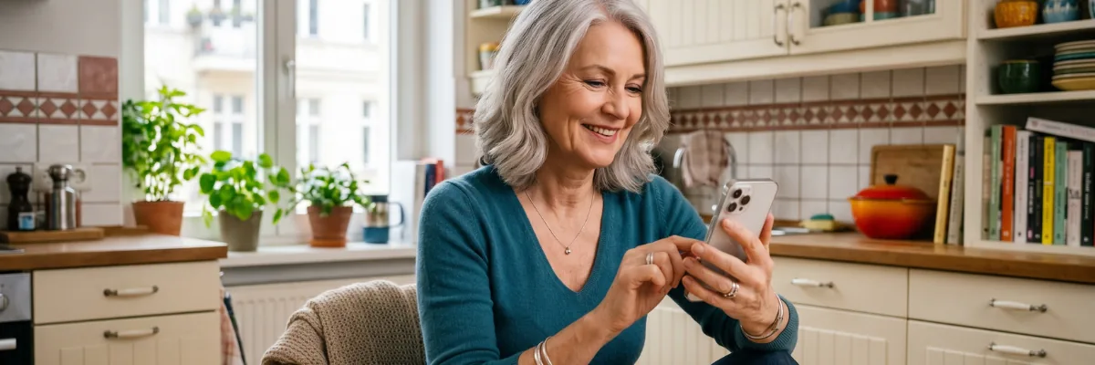 Old woman enjoying a granny chat on her smartphone in the kitchen