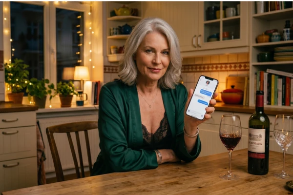 Elegant mature woman enjoying an online granny chat at night