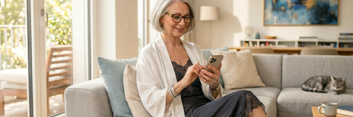 Senior lady relaxing on the sofa while chatting online