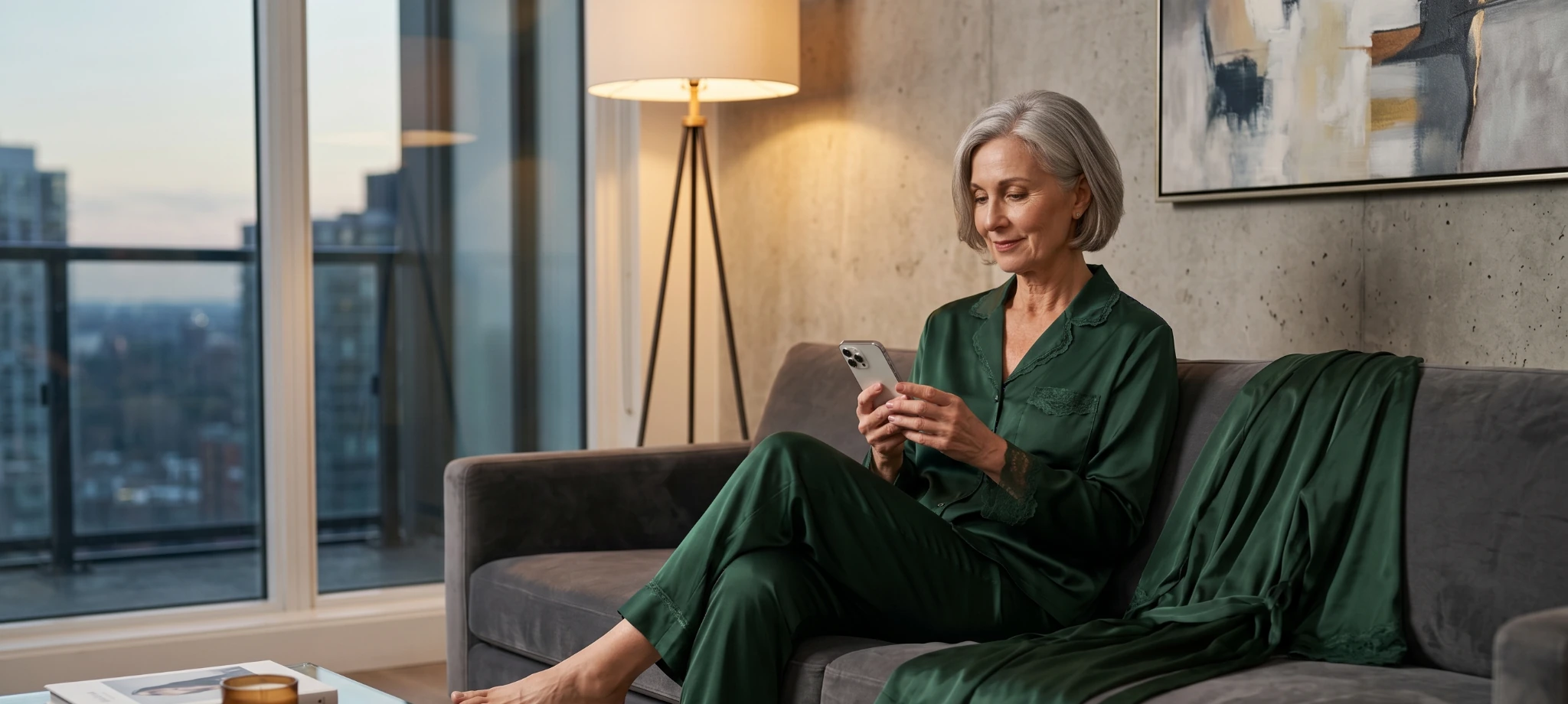 Silver-haired woman relaxing on couch while chatting online