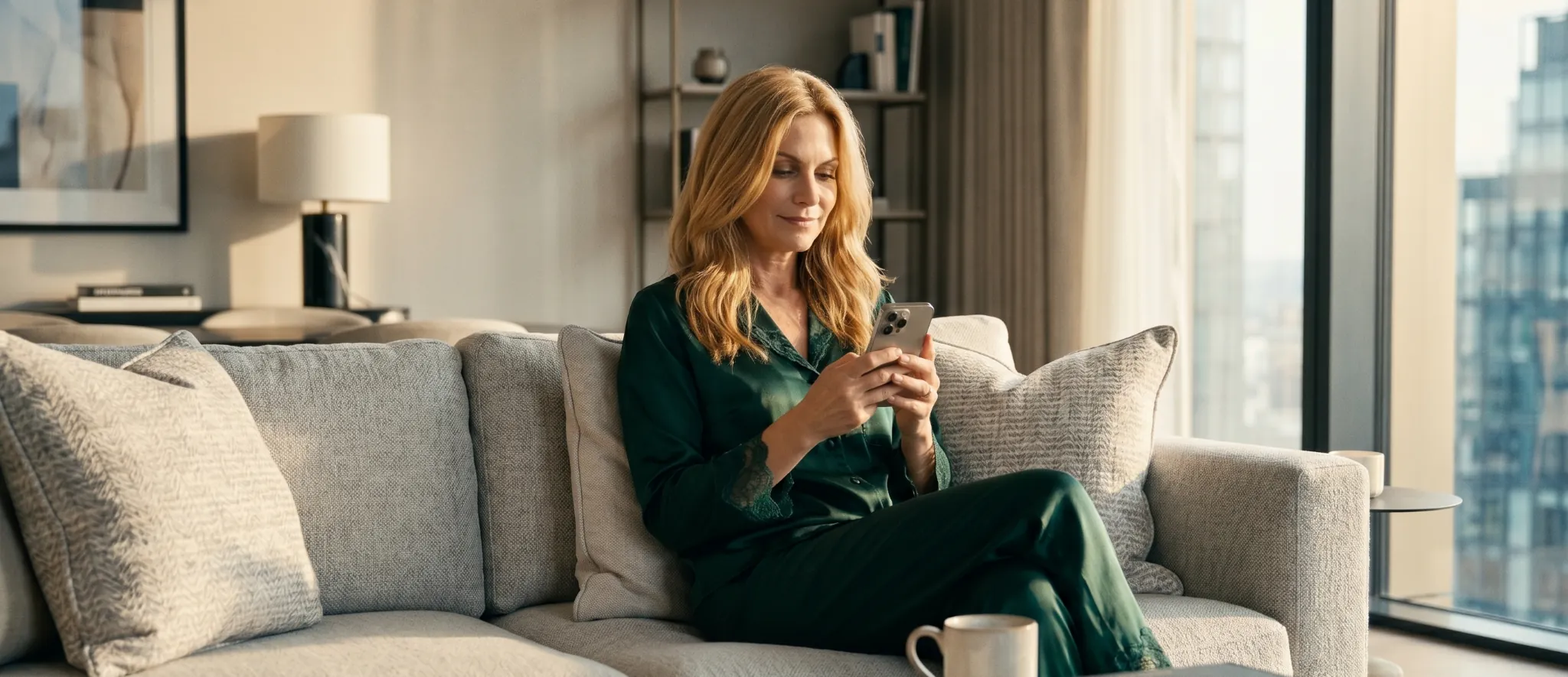 Elegant blonde mature woman texting on smartphone near panoramic windows