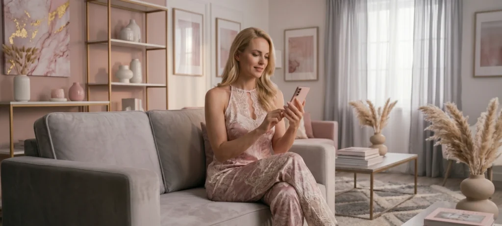 Elegant mature woman using smartphone in stylish pink living room
