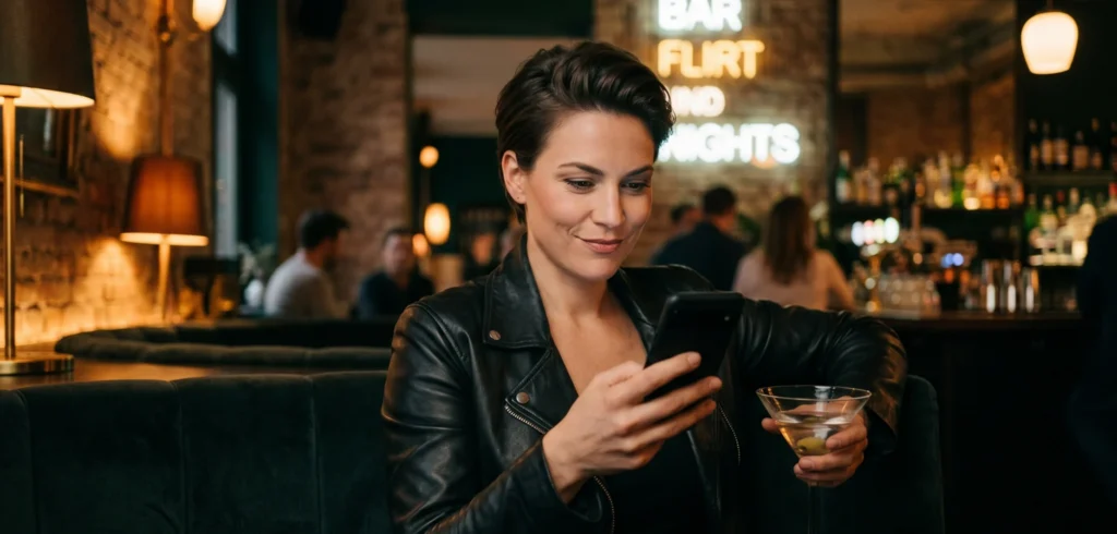 Stylish mature woman flirting online at cocktail bar with smartphone
