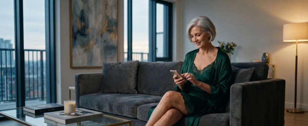 Confident mature woman enjoying private granny chat on smartphone