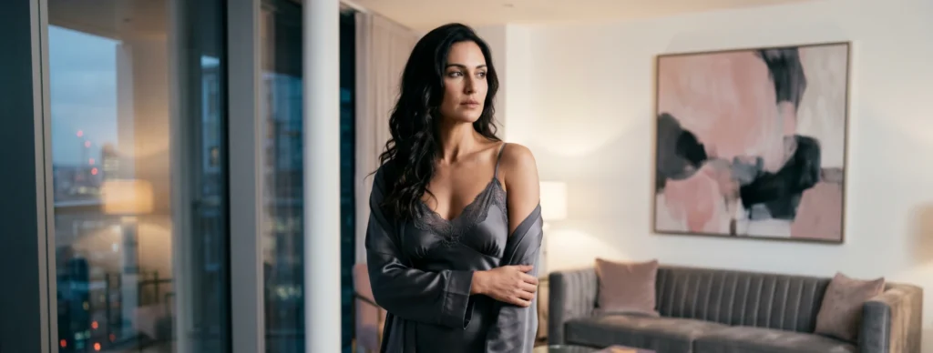 Confident mature brunette relaxing in silk nightwear during private online chat