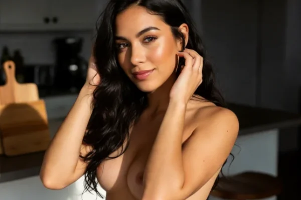 Confident Latina woman posing near a kitchen in natural light