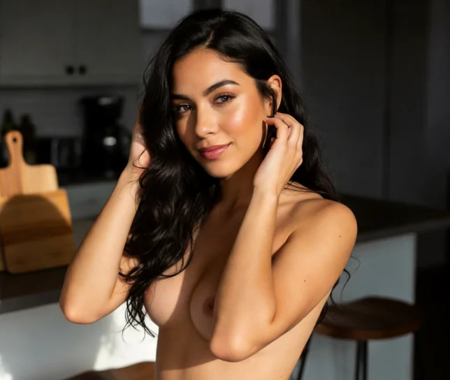 Confident Latina woman posing near a kitchen in natural light