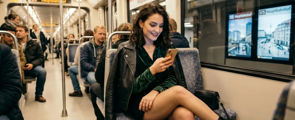 Woman using XtremeChat while commuting on public transport