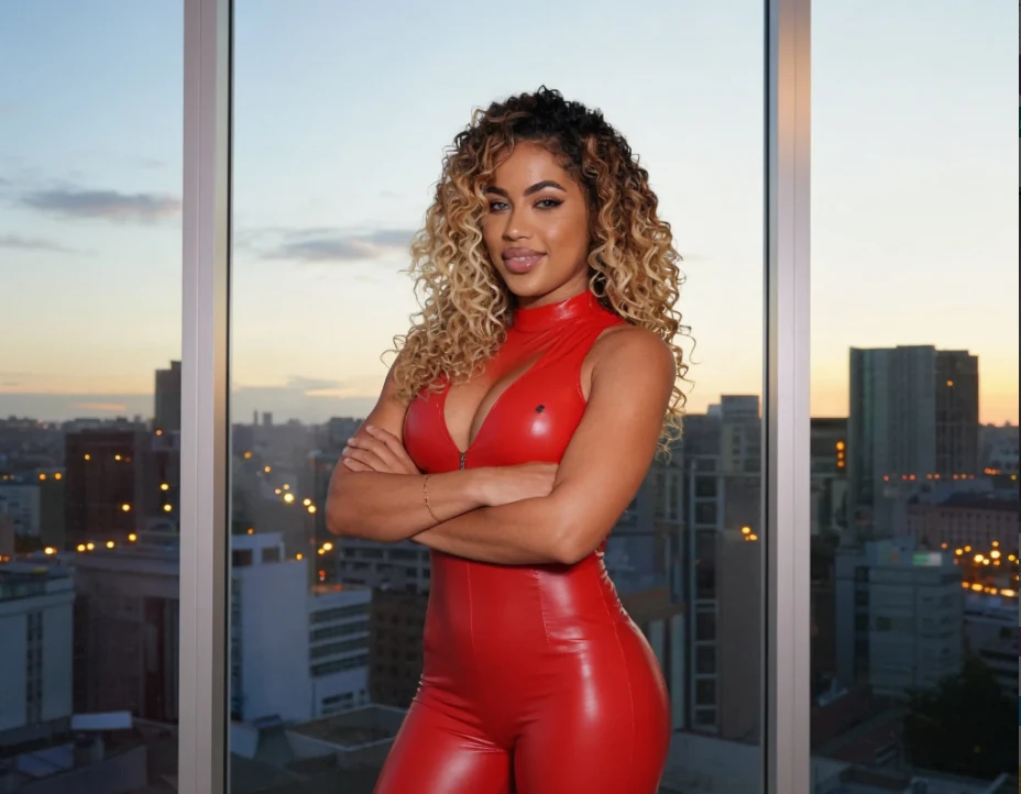 Black woman in a fitted red latex outfit posing by a city window for ebony sex chat