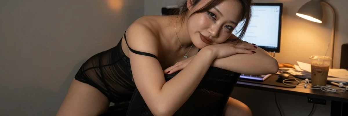 Japanese woman posing beside a computer in black lingerie for live Japanese sex chat