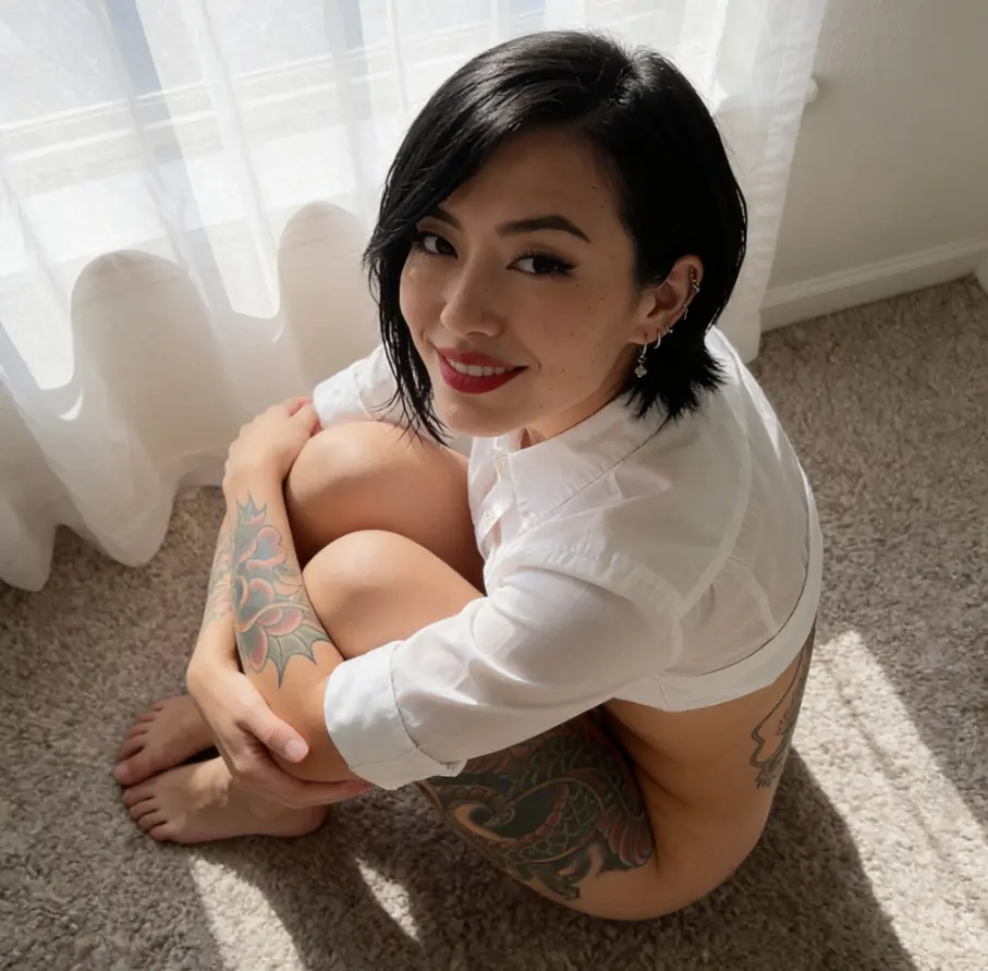 Japanese woman sitting in a bright private room for Japanese sex chat