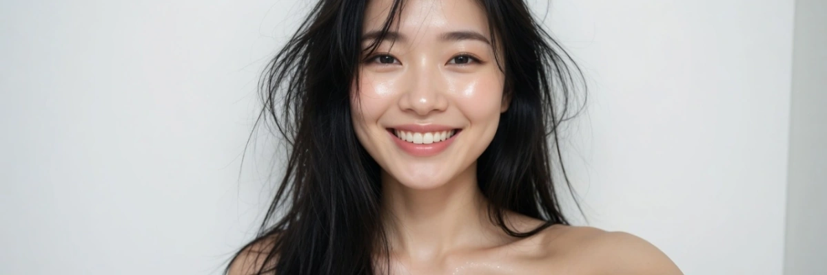 Smiling Japanese woman looking into the camera for Japanese cam sex chat