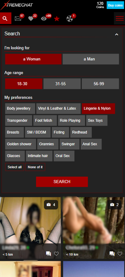 Lingerie filter interface on XtremeChat