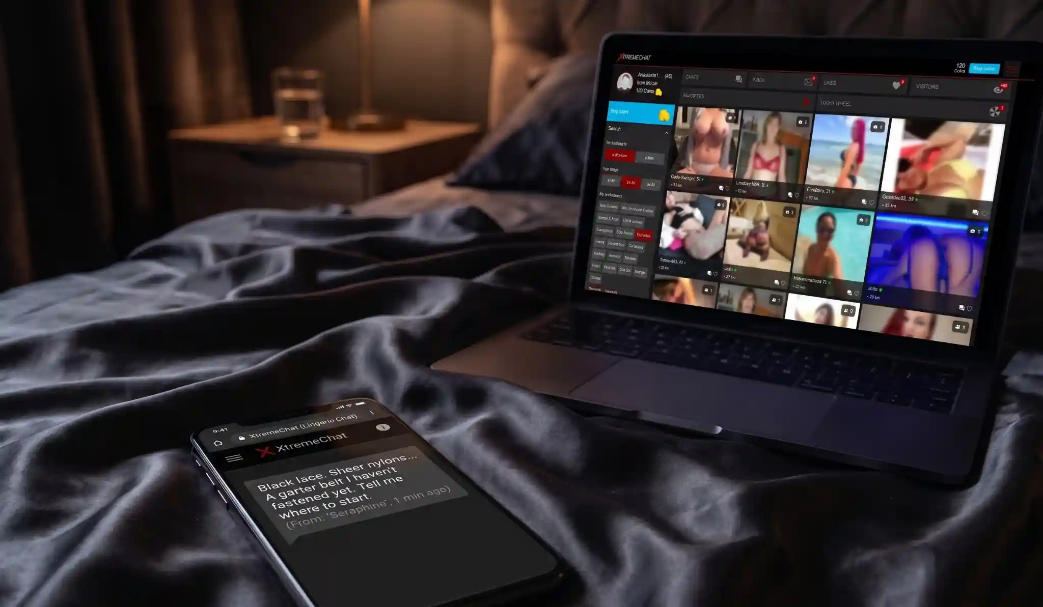 Laptop and smartphone displaying XtremeChat during a private Lingerie Sex Chat
